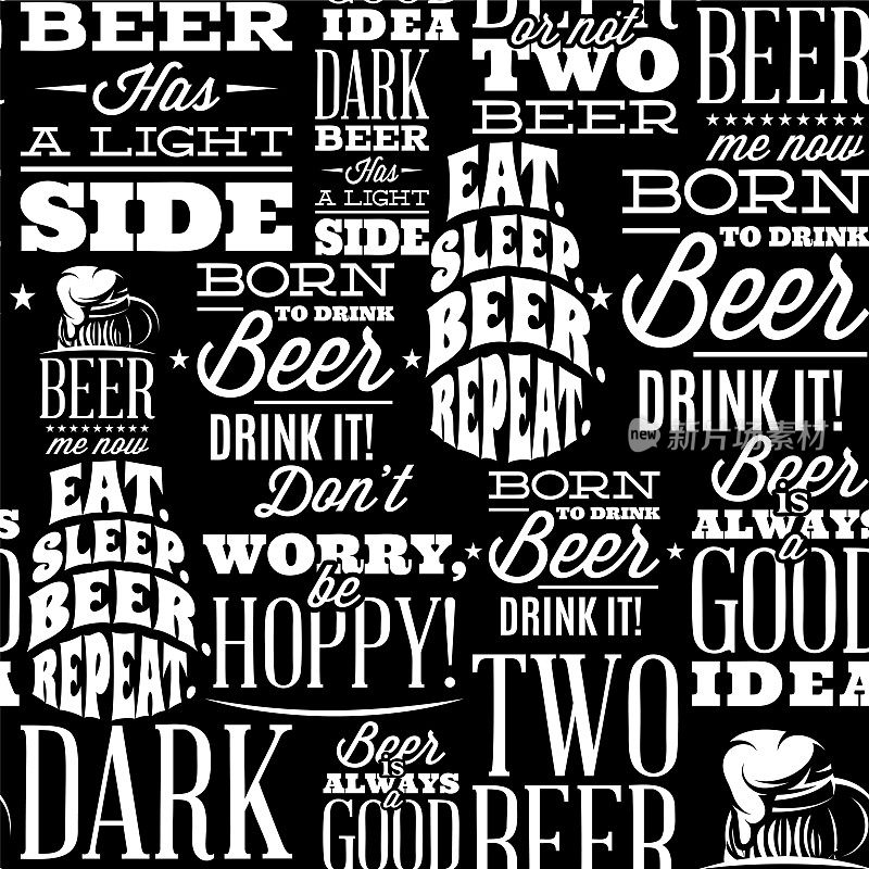 Seamless backdrop with quotes on theme of Beer. Black background